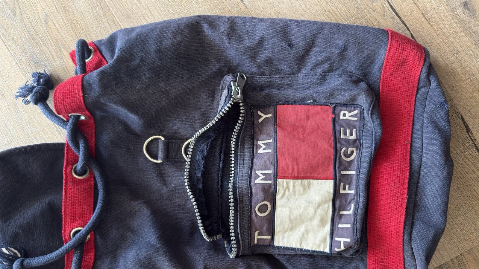 Tommy Hilfiger Colorblock Drawstring Backpack Navy/Red/White Zip Pocket
