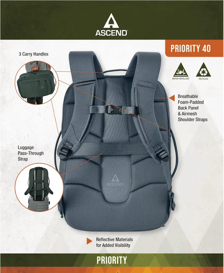 Cabela’s Bass Pro Shops ASCEND Priority 40 Expandable Commuter Backpack Bag Blk