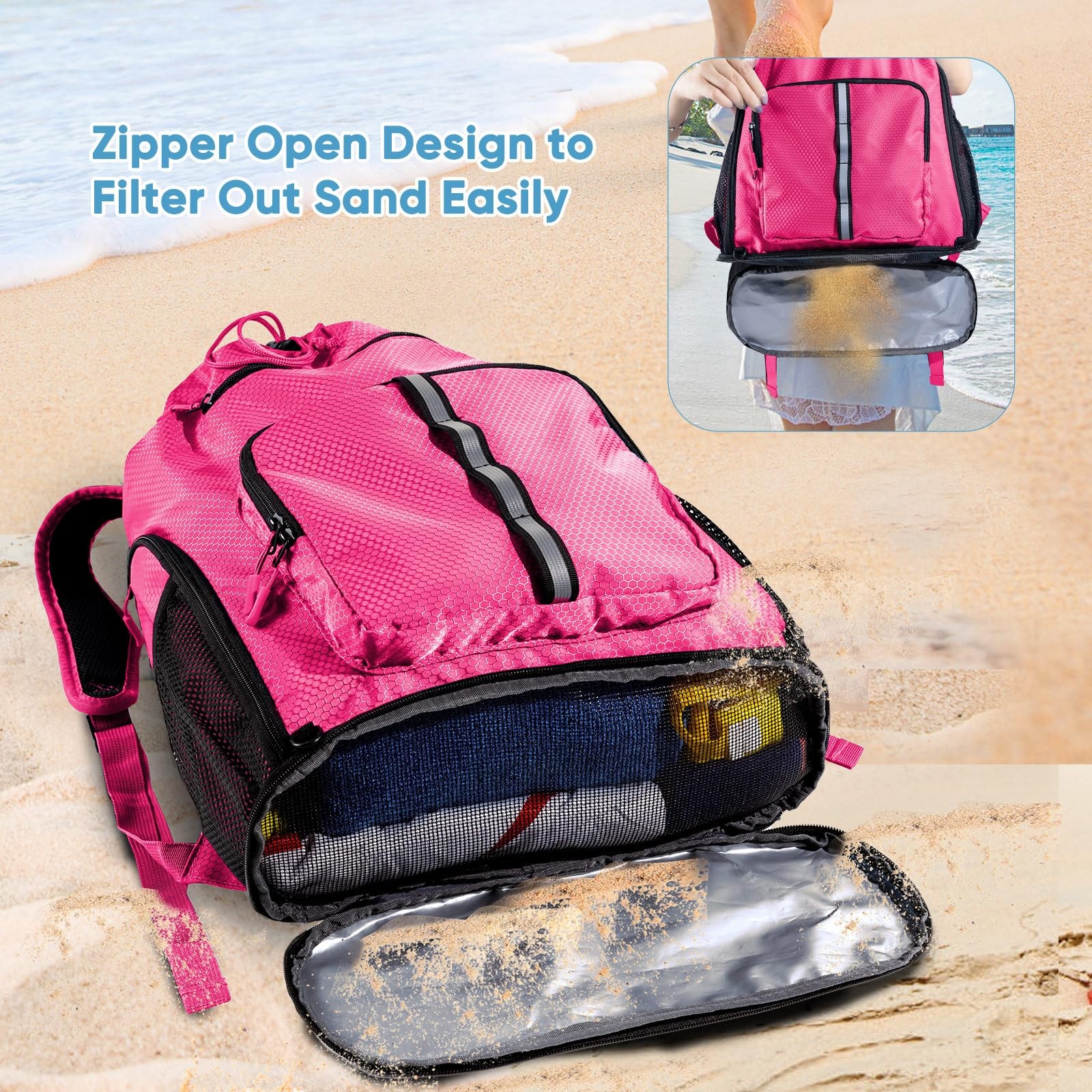 Large Beach Backpack Waterproof Sandproof Drawstring Pool Bag Shoe Compartment