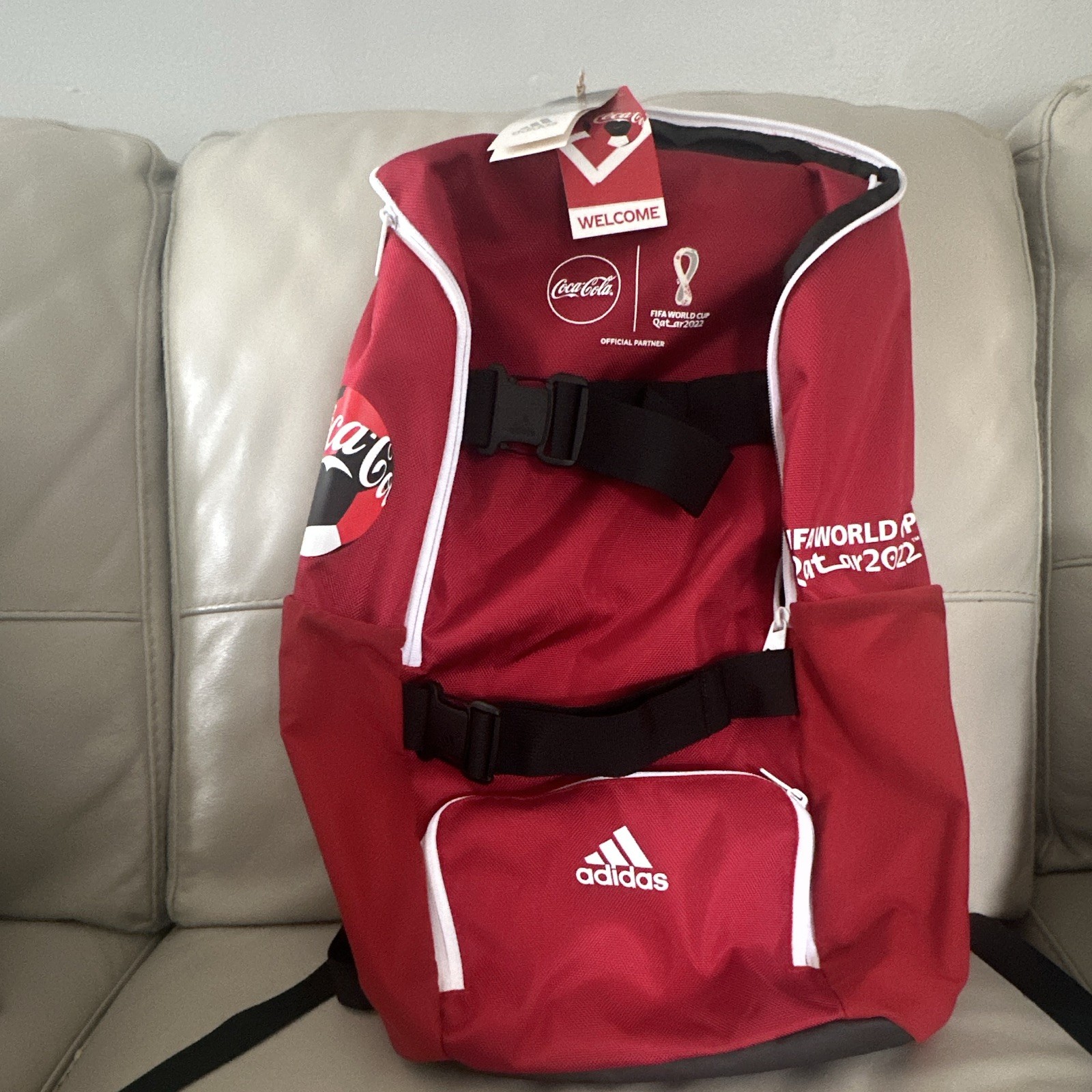 adidas Red Backpack Zip Closure Adjustable Strap Pockets Qatar 2022 Coca-Cola