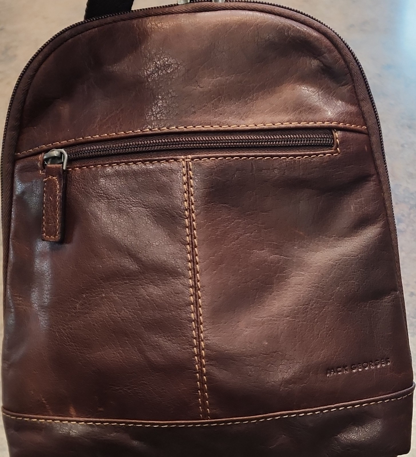 Jack Georges Brown Zip Backpack Leather w/ Striped inside Pattern Men’s 10×10