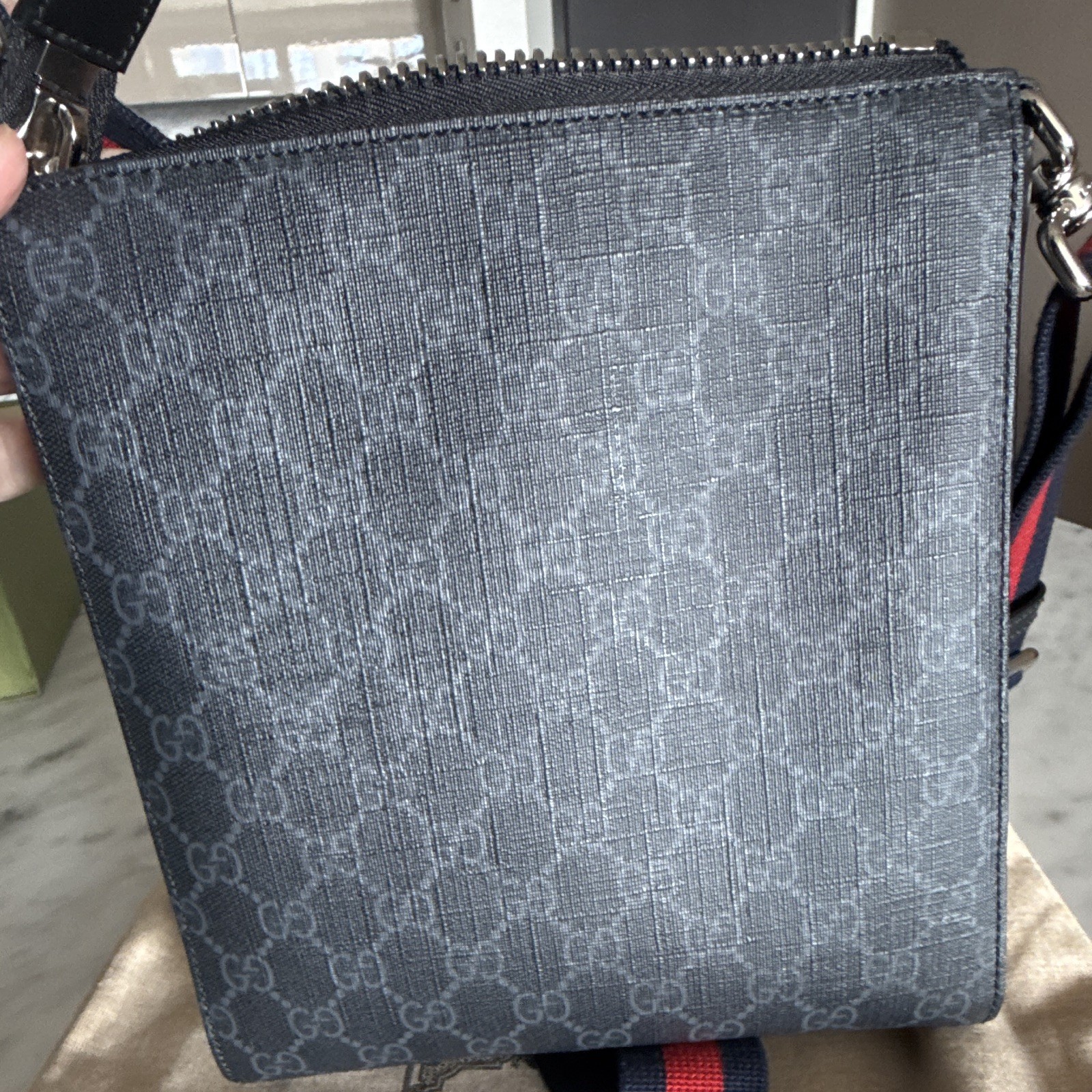 Gucci GG Pattern Black Crossbody Bag Zip Closure Adjustable Strap Inner Pockets