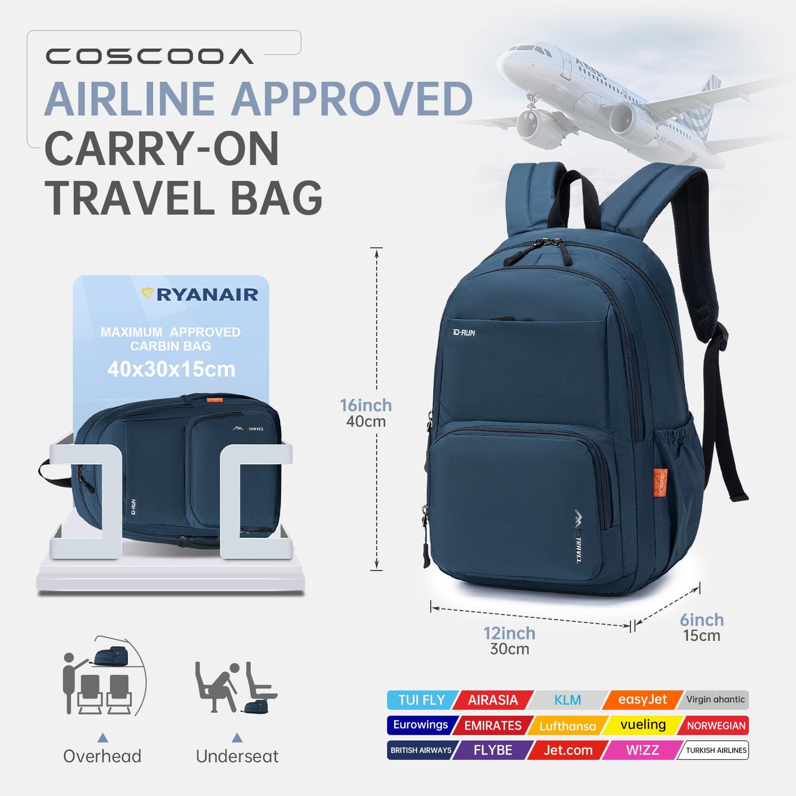 40x30x15cm Personal Item Travel Ryanair Backpack,16x12x6inch Small Carry On B…