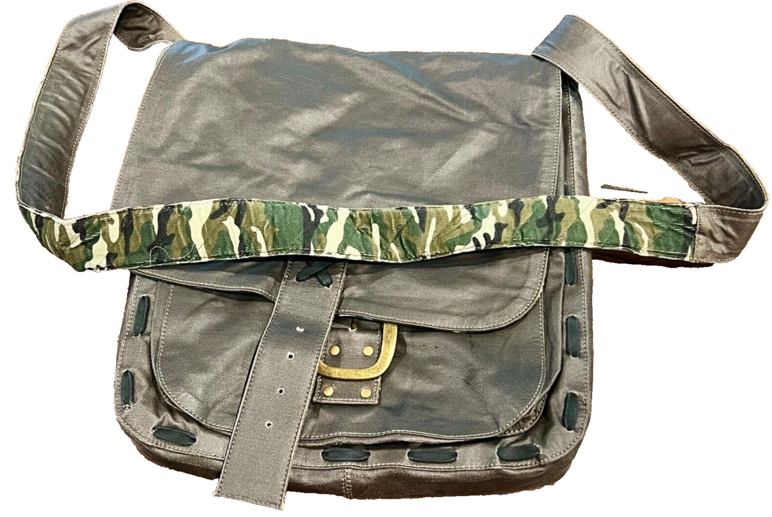 Messenger Shoulder Bag Canvas Faux Leather Flap with Camo Lining