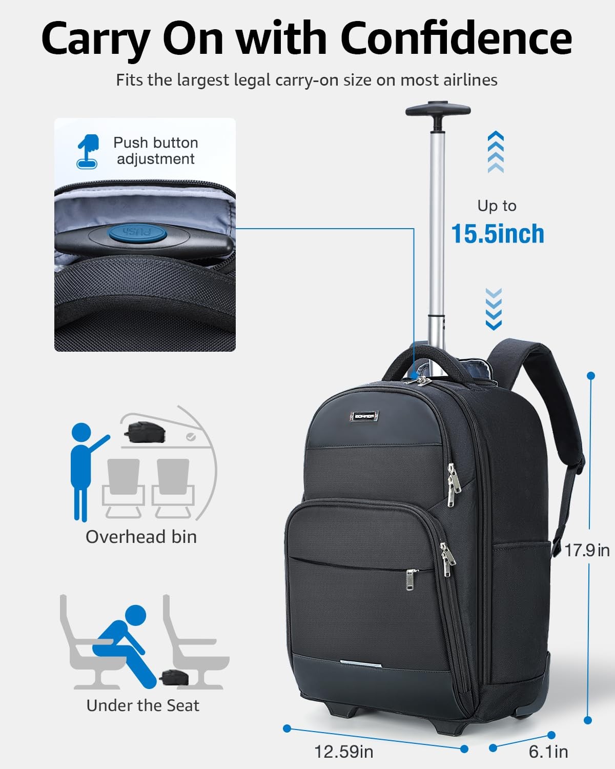 Rolling Backpack, 30L Travel Laptop Backpack with Wheels, 15.6 Inch Roller Ca…