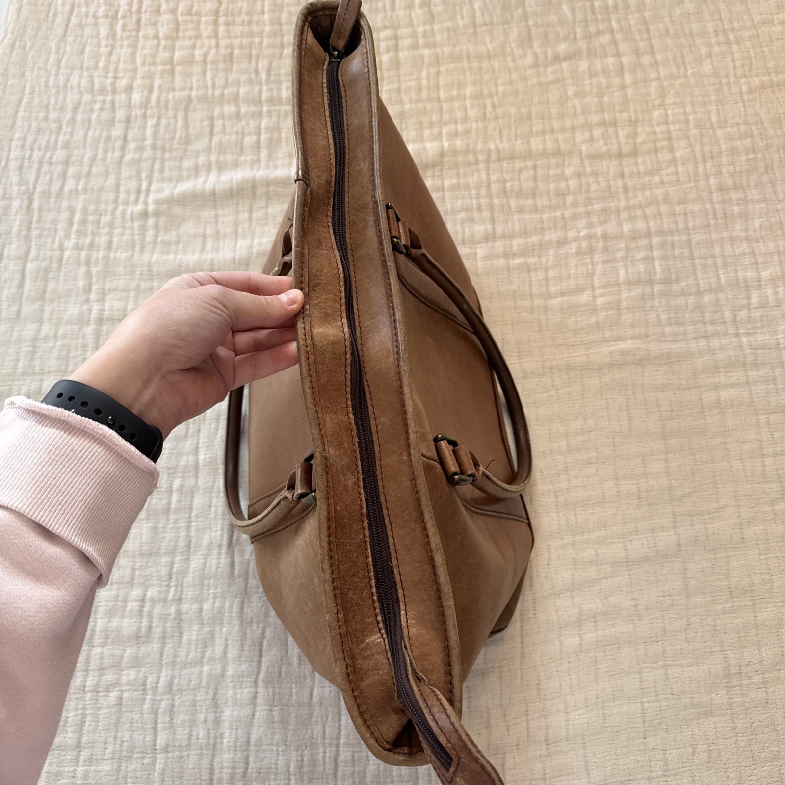 Vintage LL Bean Large Brown Leather Carryall Tote Bag Animal Print Lining