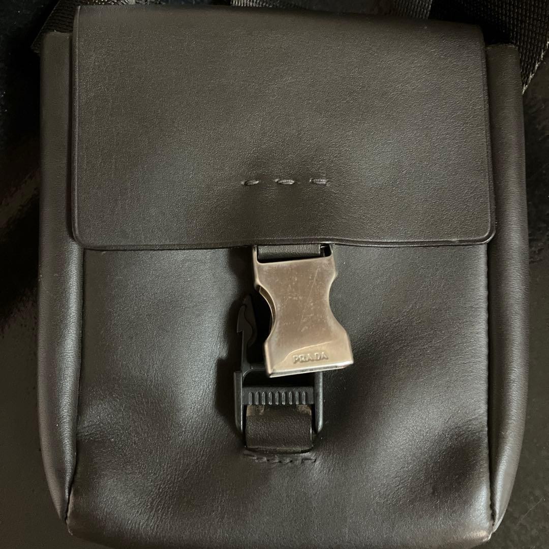 PRADA Leather Waist Bag Men Dark Brown Authentic Rare Size 17cm x 15cm