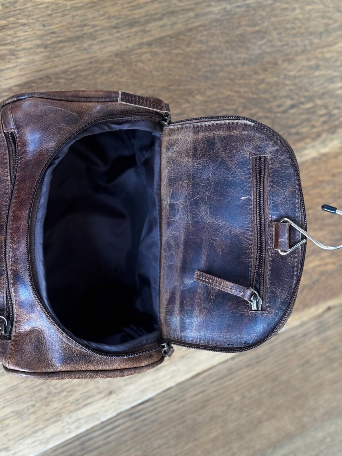medium size Grain Leather Dopp Kit Shaving Toiletry Travel Bag Brown