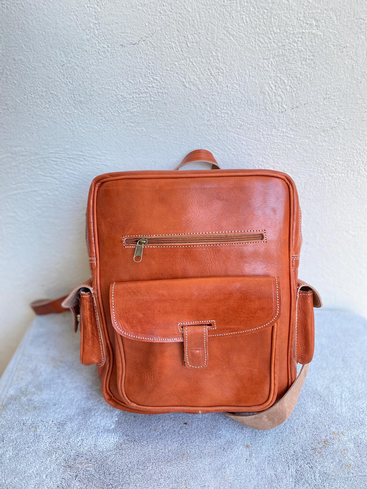 Handcrafted Genuine Leather Square Backpack – Cognac | 38cm x 30cm