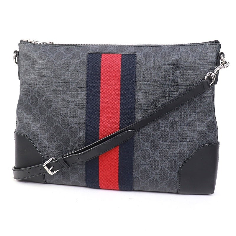 Gucci GG Supreme Canvas Messenger Bag Black Gray Web Stripe Shoulder Clutch