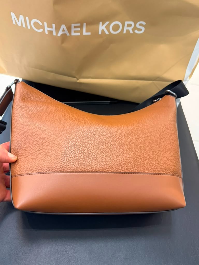Michael Kors Cooper Pebbled Leather Soft Crescent Crossbody Bag Luggage Men MK