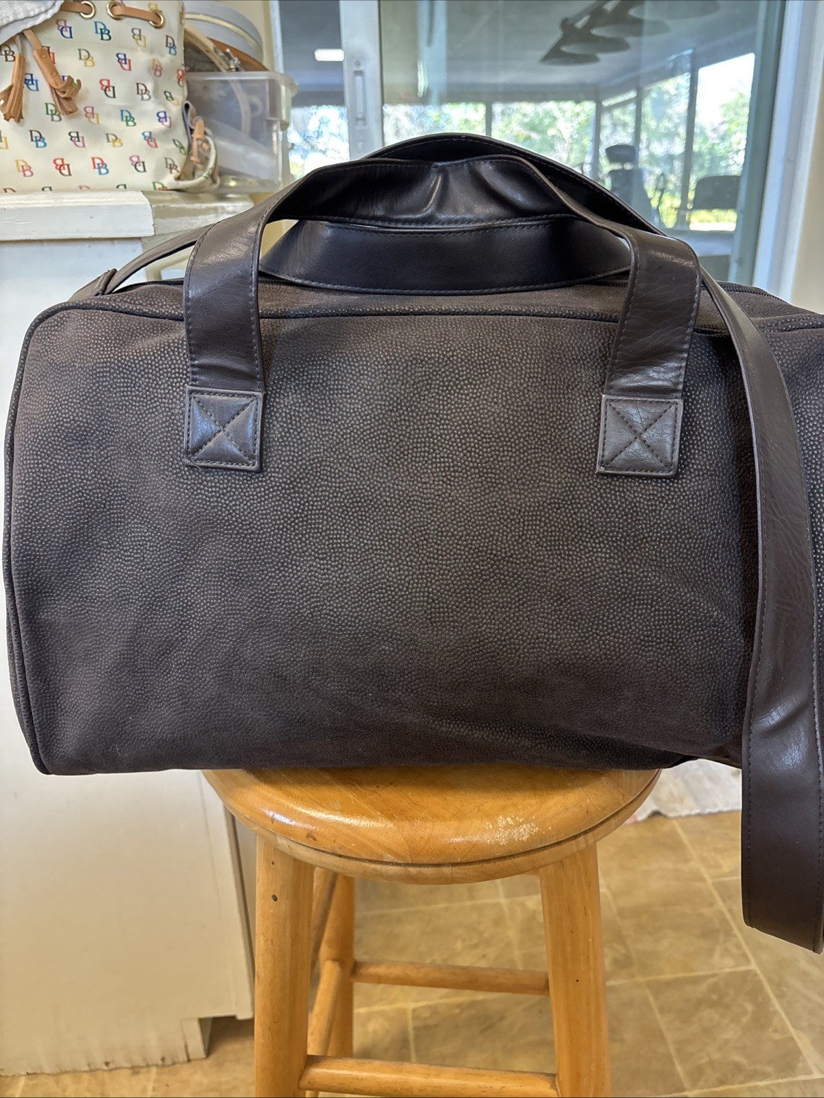 Karl Lagerfeld Duffle Bag Brown Faux Leather Travel Double Top Handles Gym Bag