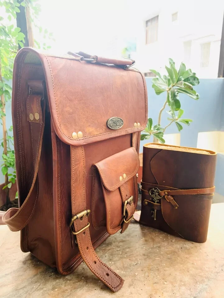 16″ Leather Messenger Handmade Genuine Shoulder Satchel Bag Free Key Journal