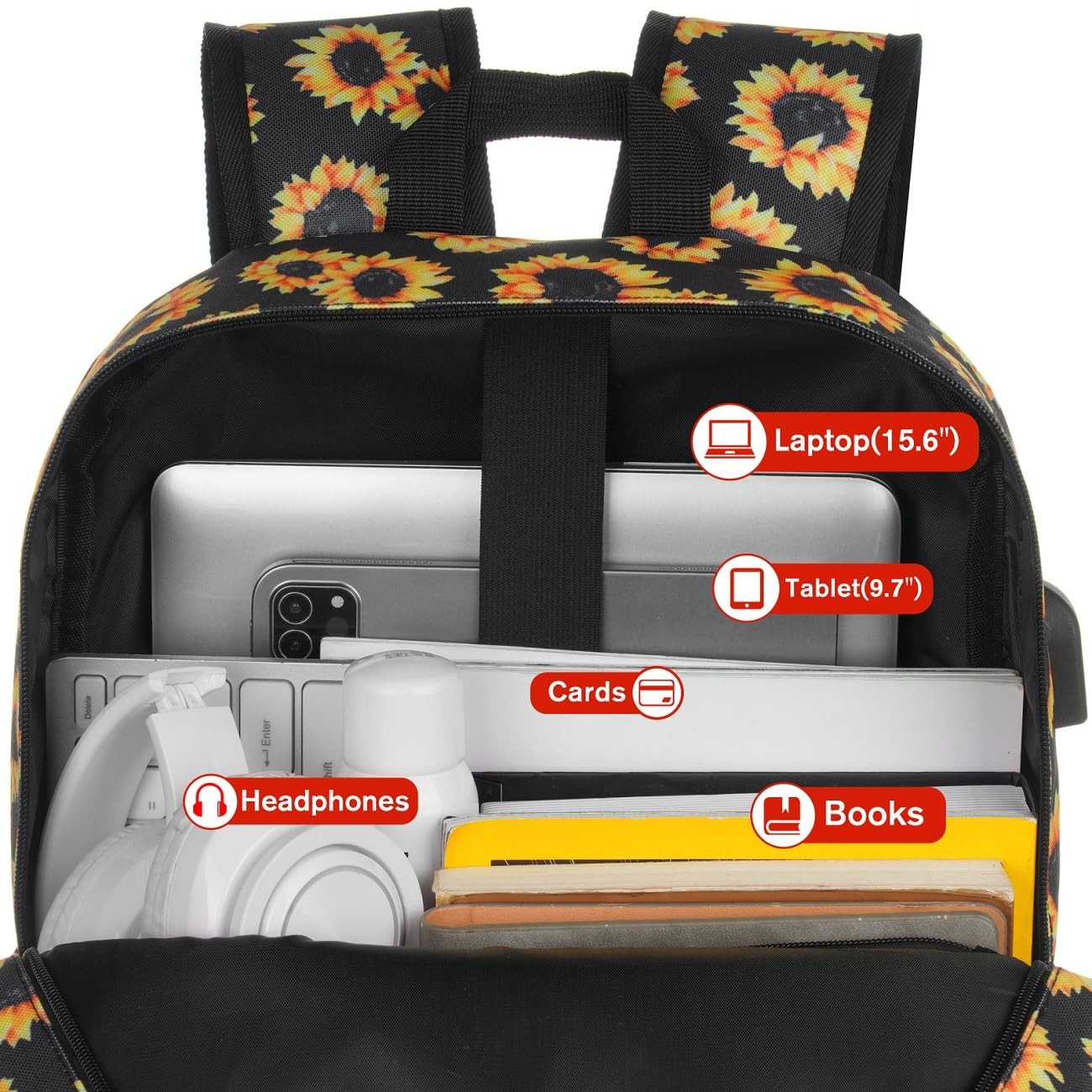 Sunflower School Backpack Men Boy Bookbag With USB Charging Port For Travel