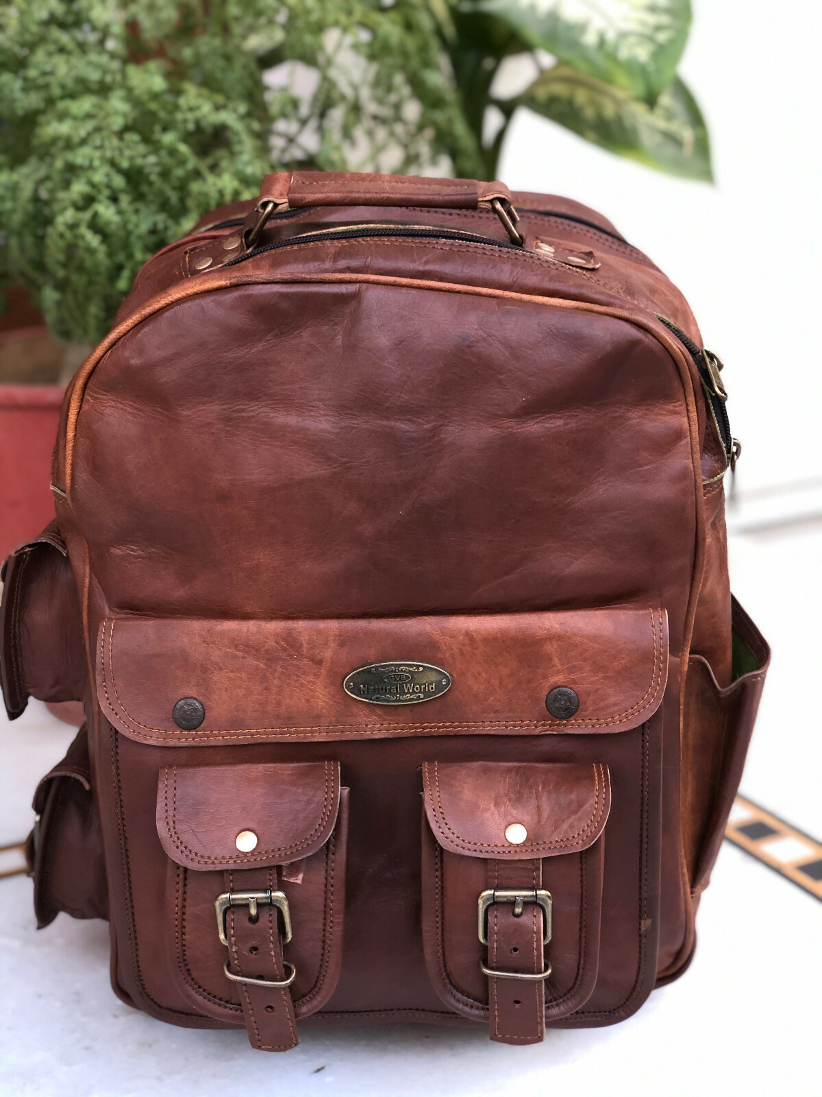 16″ Large Oversize Leather Multi Pockets Back Pack Rucksack Travel Bag For Men’s