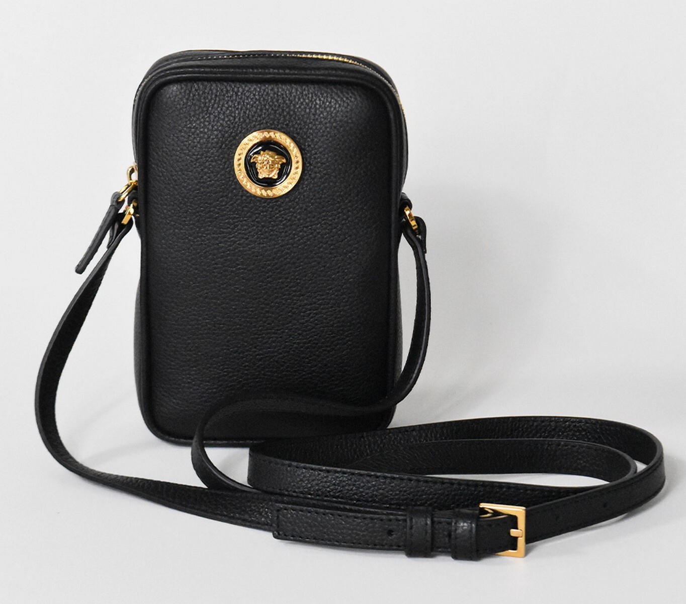 (NO CUSTOMS TAX) VERSACE La Medusa black grainy leather mini crossbody bag NWT
