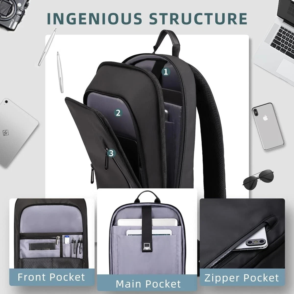 Backpack Men Business Slim Backpack W/ USB Charger Computer Lightweight