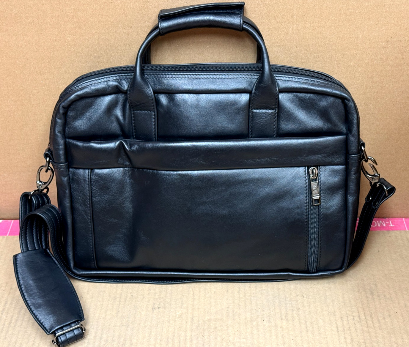 Double Compartment Executive Classic Top Grain Cow Leather Messenger Bag Black