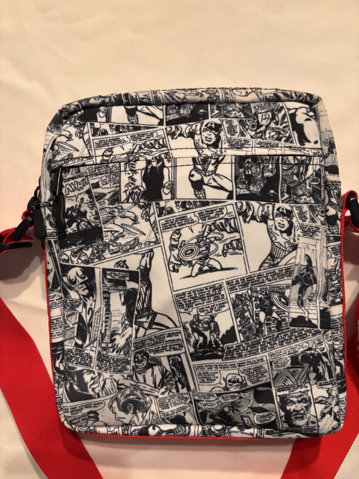Marvel Comic Print Small Crossbody Bag Zip Closure, Adjustable Red Strap