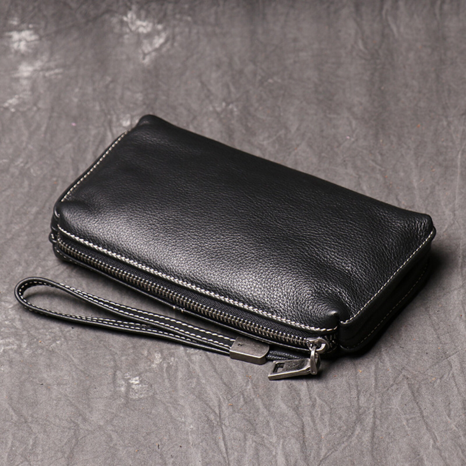 Mens Leather Wristlet Wallet Clutch Bag Zippered Organizer Multiple Pockets