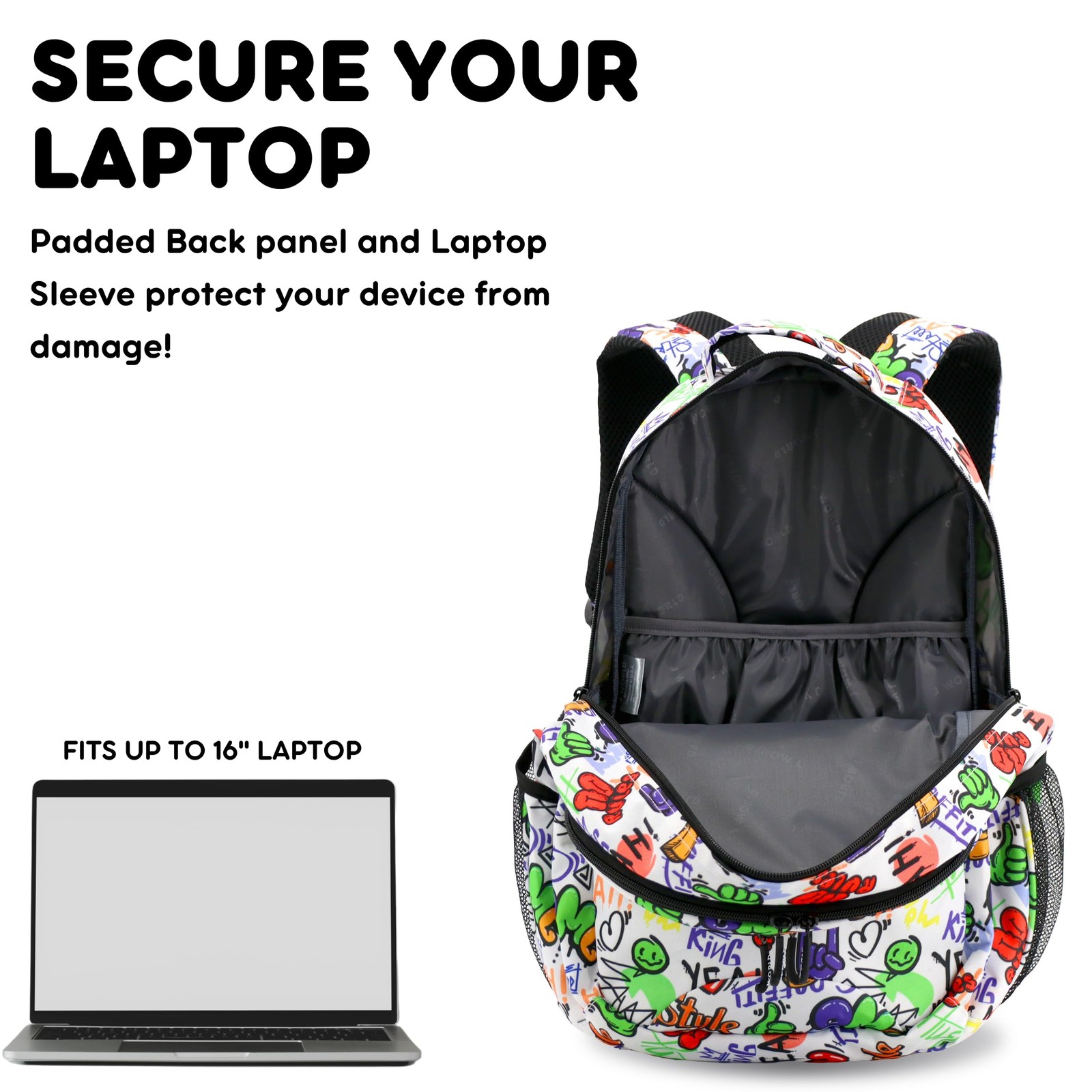 School Backpack for Kids. Cute Laptop Bookbag, Street Art, One Size