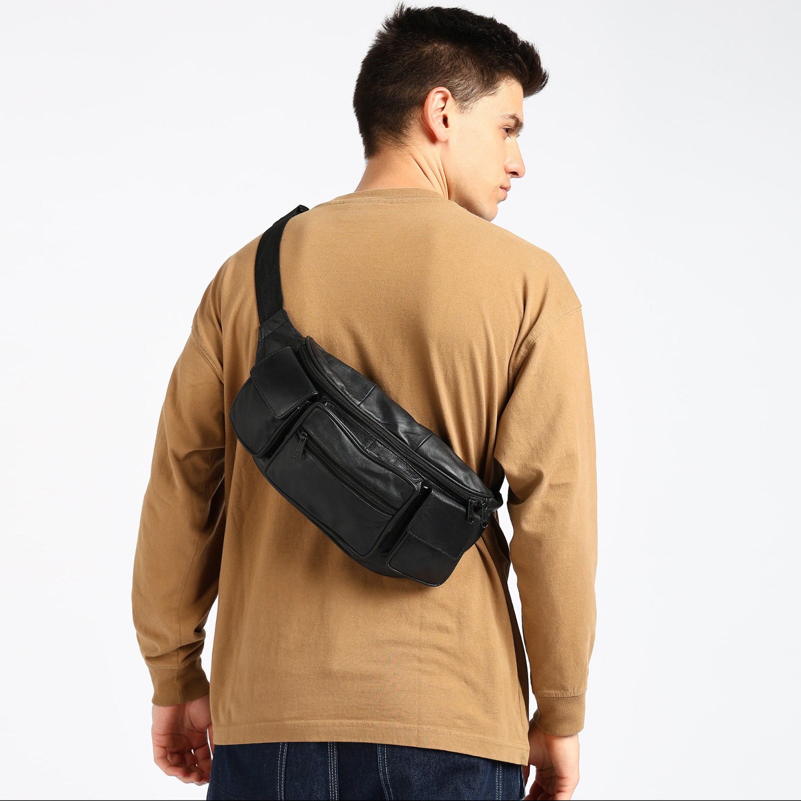 Large Black Solid Leather Waist Fanny Pack Belt Bag Travel Hip Purse Mens Women