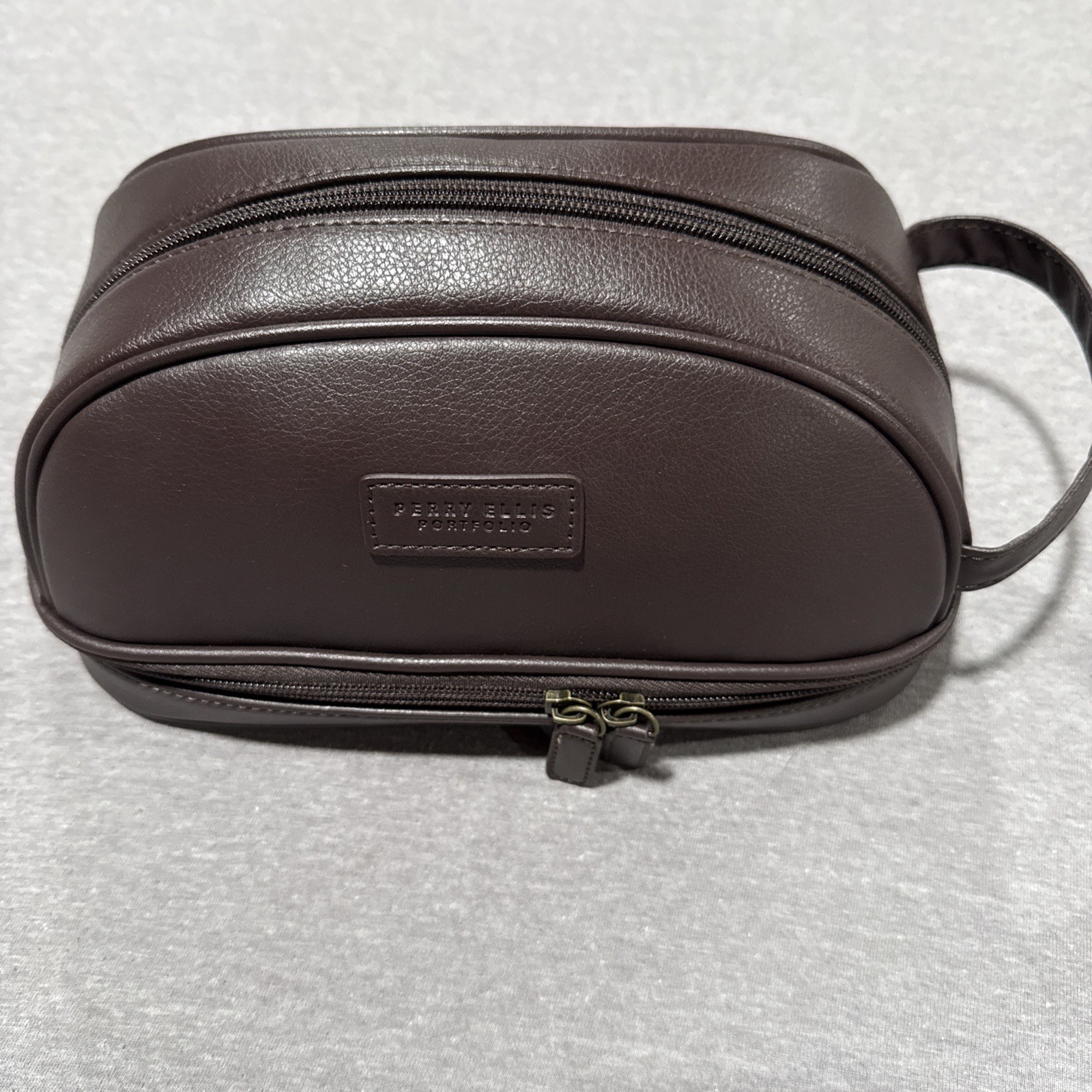 Perry Ellis Men’s Brown Faux-Leather Portfolio Toiletry Travel Case Kit Zip Bag