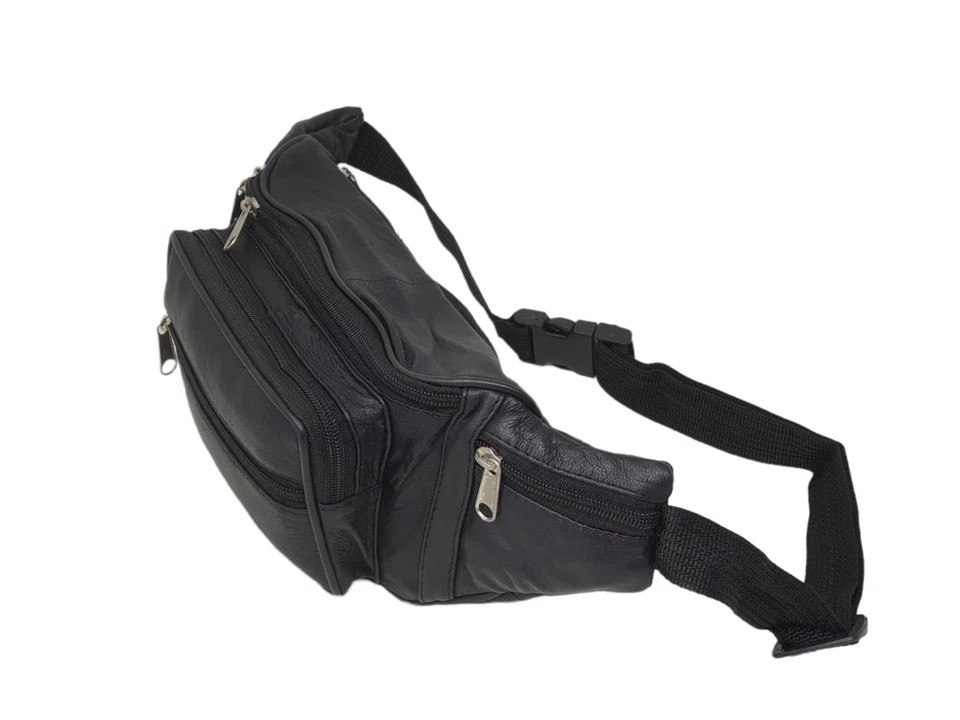 Genuine Leather Fanny Pack Multi Zippered Waist Bag Hip Belt Purse Black Pouch