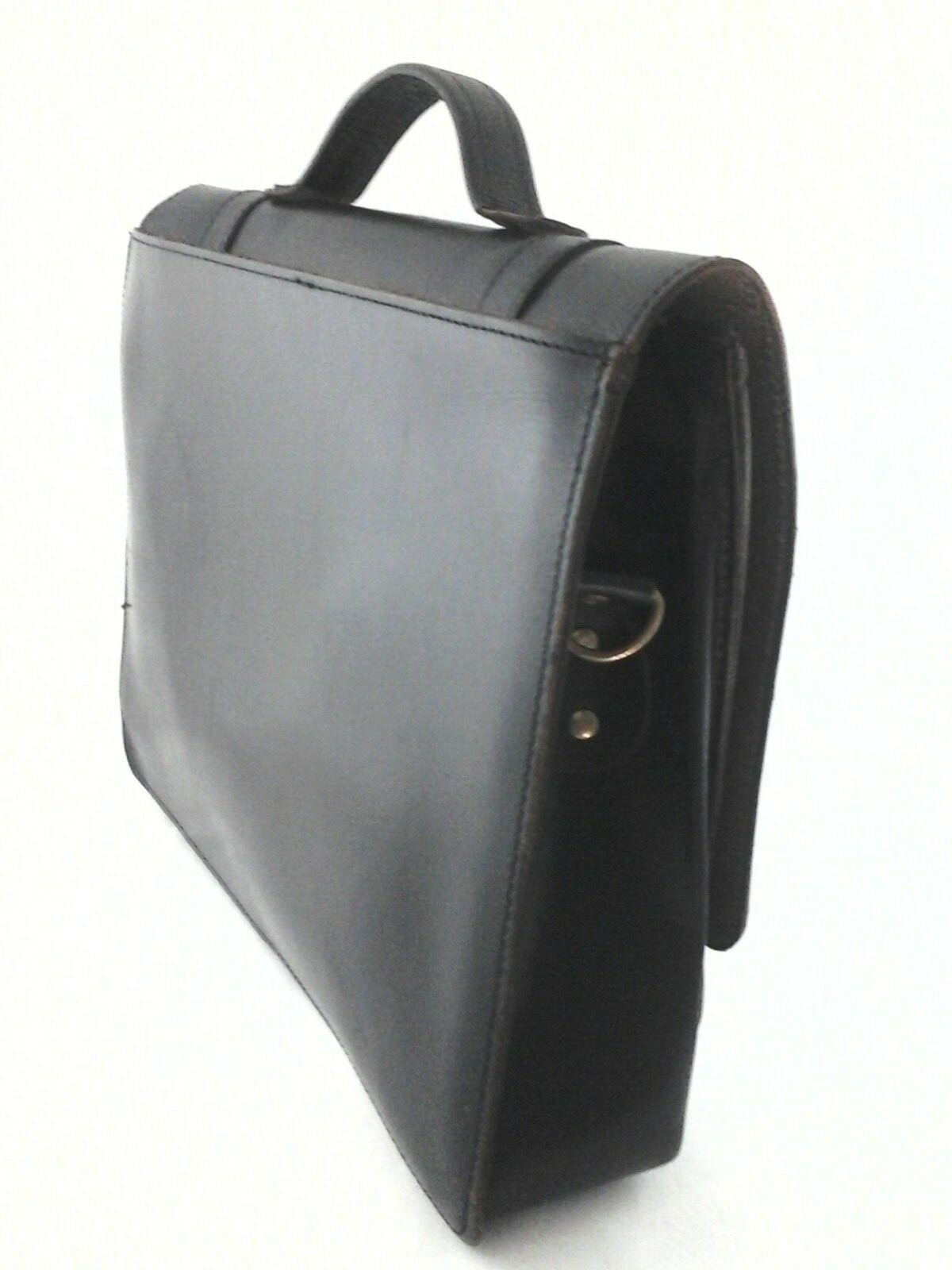 Vtg Greece Briefcase Laptop Bag Top Handle Genuine Leather Black Gold Buckles *