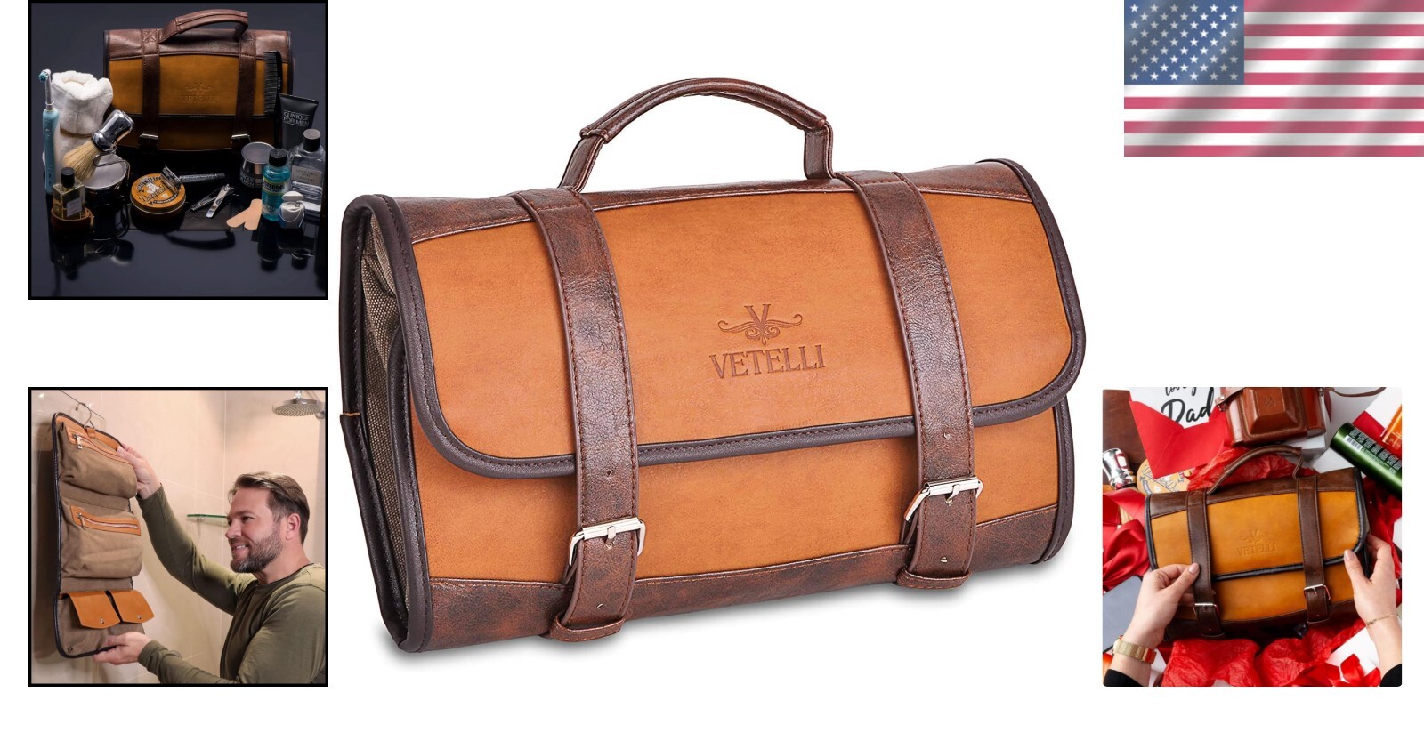 Stylish Water-Resistant Leather Toiletry Bag with Hanging Hook for Travel