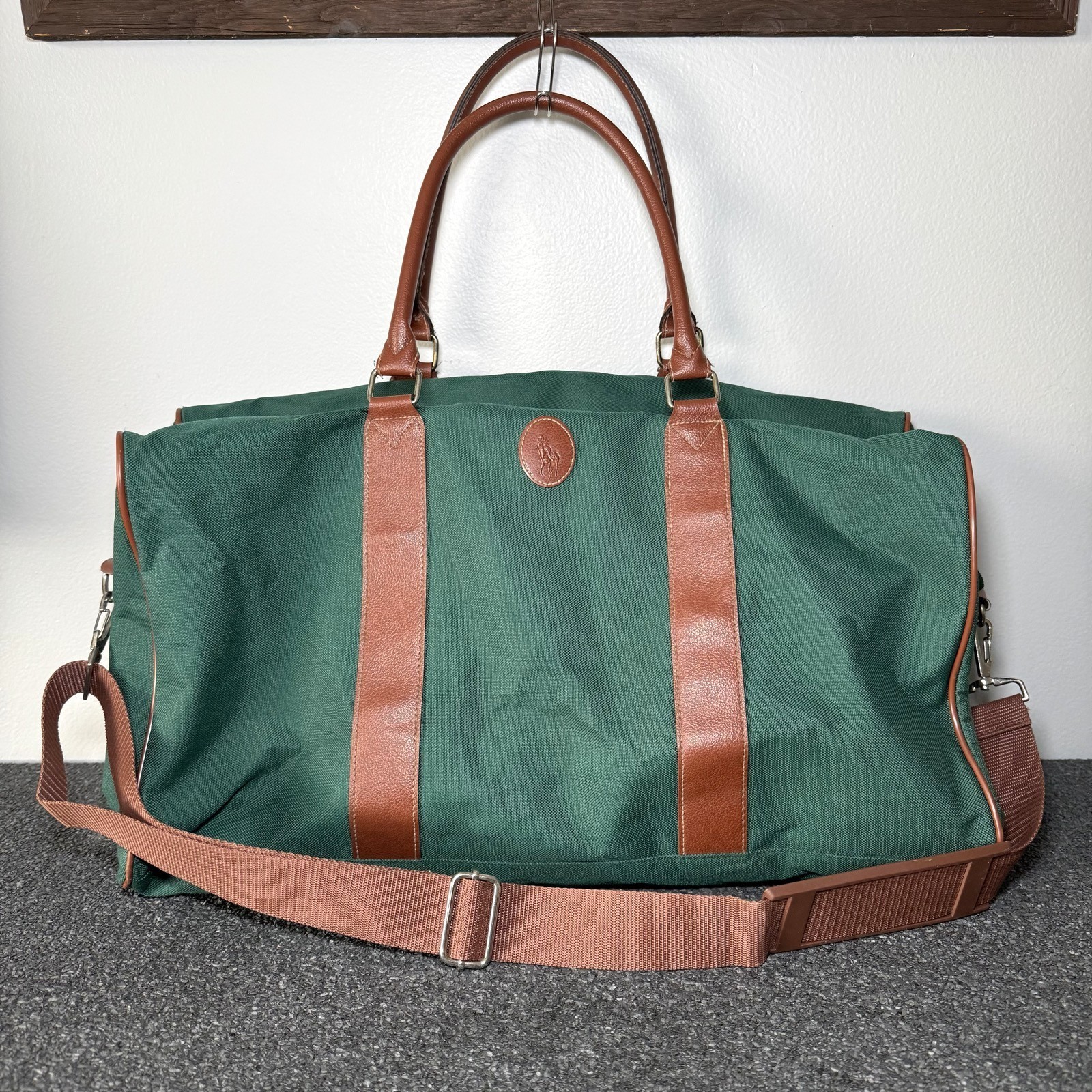 Vintage Ralph Lauren Weekender Duffel Bag Canvas Green Brown Leather Trim Travel