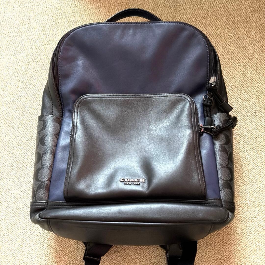 Coach Leather Backpack Black Navy Mens Large Rucksack Logo Missing Outlet Used