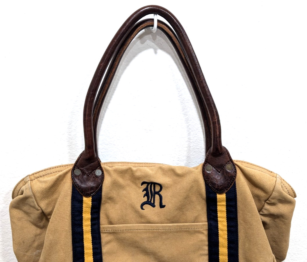 Vtg RALPH LAUREN RUGBY Tote Bag Canvas Leather Handles Shoulder Luggage Logo *