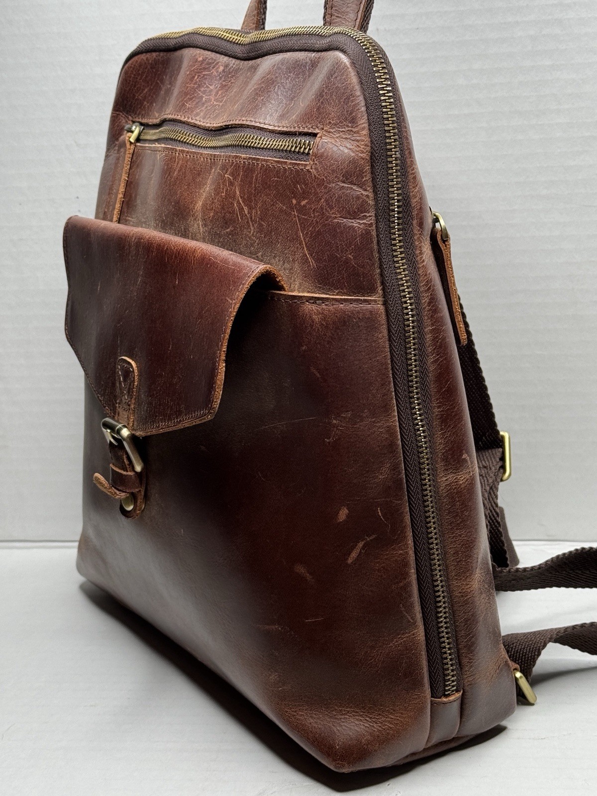 S-ZONE Genuine Buffalo Leather Backpack Purse Dark Brown Travel Laptop Bag 12.9”