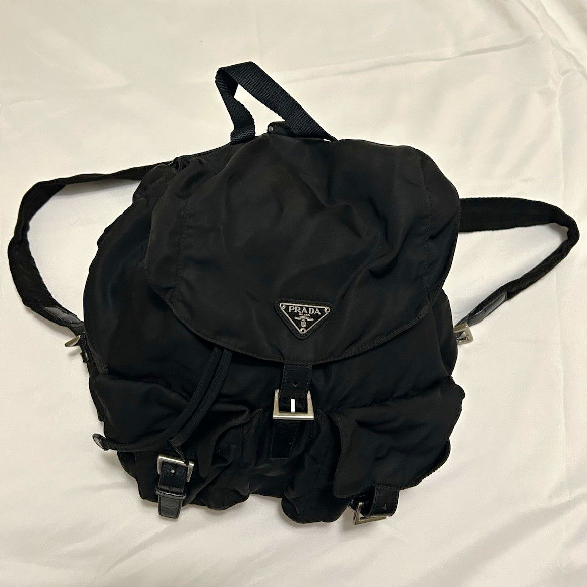 PRADA Milano Black Drawstring Backpack w/ Buckle, Adjustable Strap, Italy
