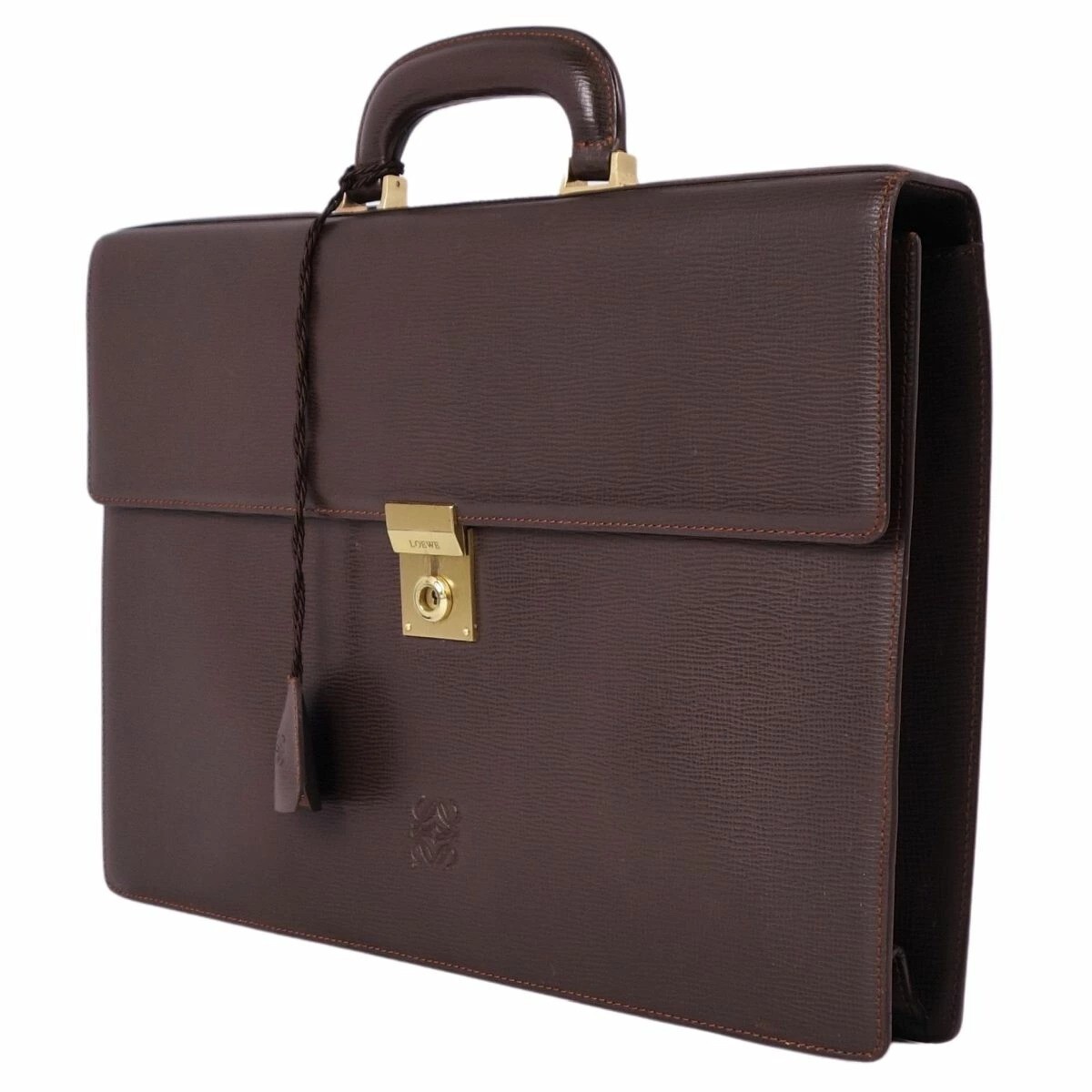 LOEWE Brown Leather Briefcase 16.5″x11.4″ Anagram Logo Spain Made Bag