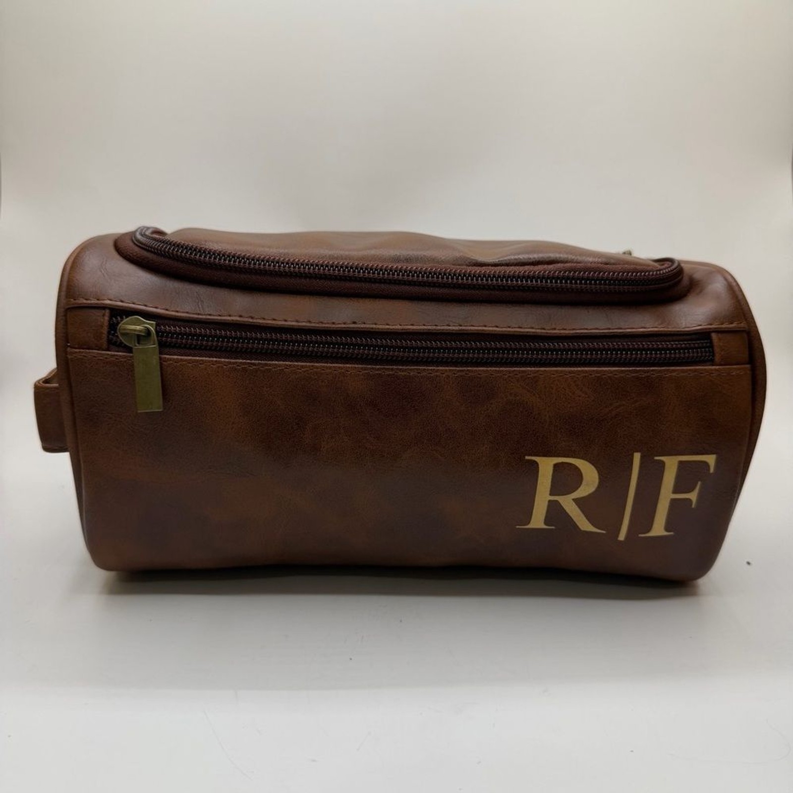 Brown Vegan Leather Toiletry Bag Monogram R|F Hanging Dopp Kit Travel Organizer