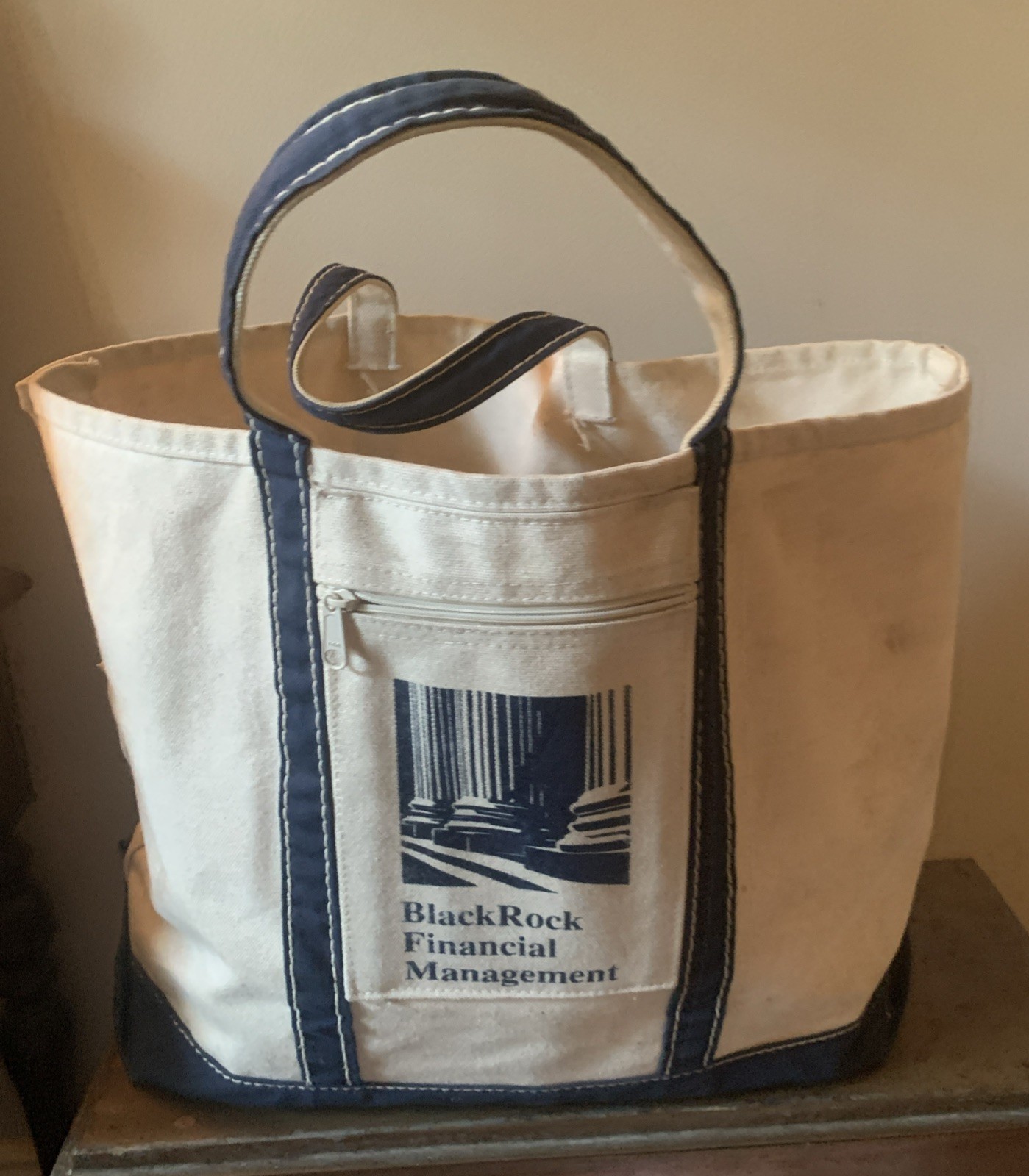 Vtg Black Rock Financial Bean Style Canvas Blue Tote Bag Large Blue White 14”