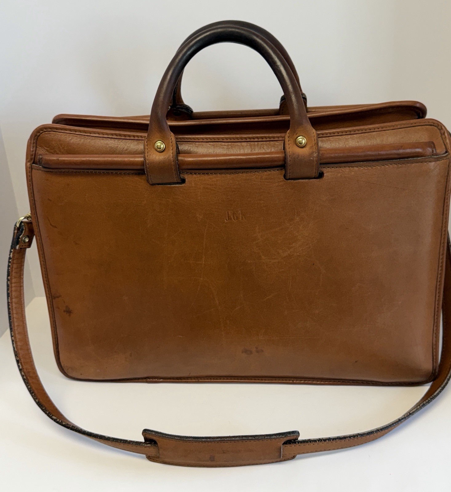 Vintage Jack Georges Brown Leather Messenger Briefcase Double Handle 16.5” Wide
