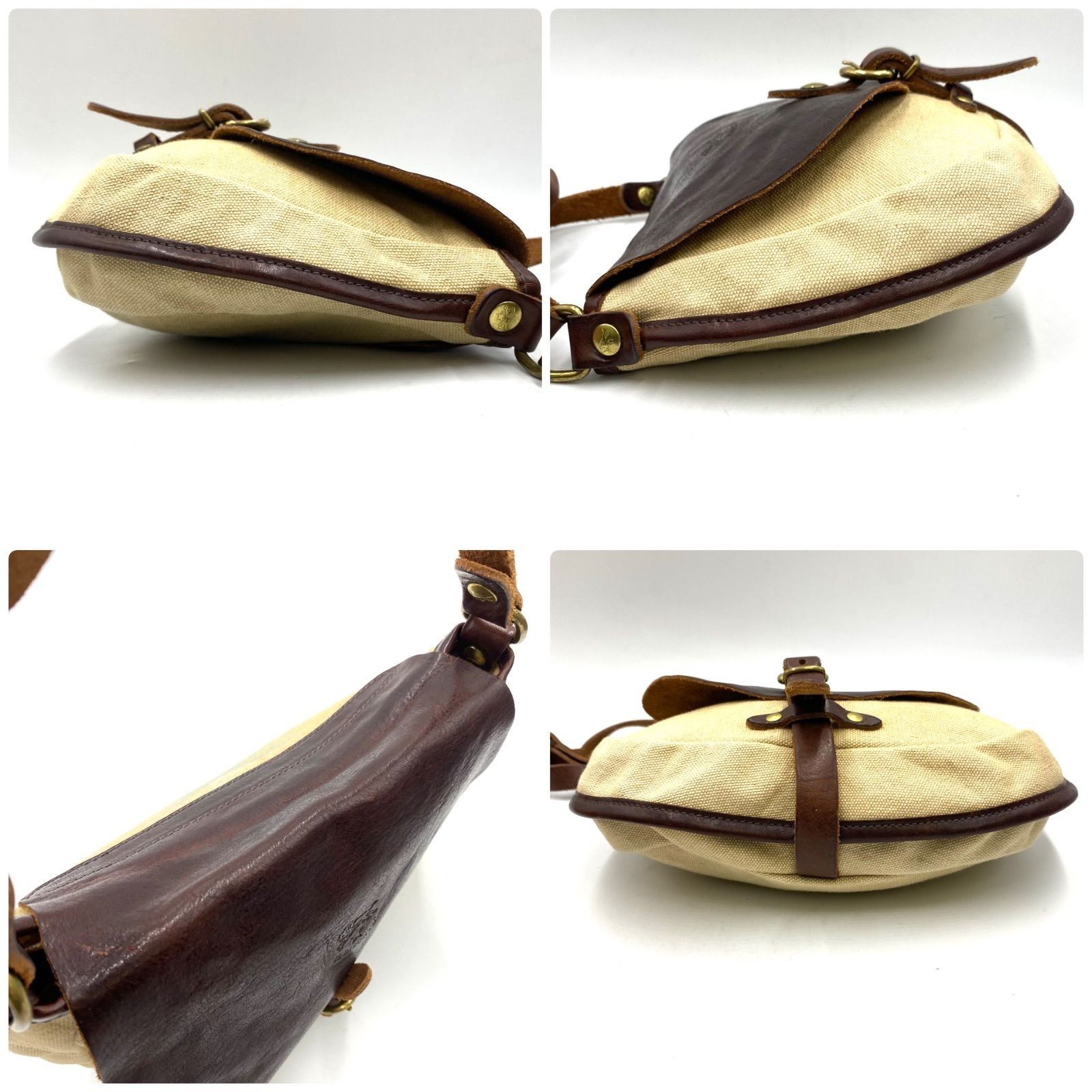 IL BISONTE Authentic Shoulder Bag Crossbody Leather Canvas Brown Beige 19×24cm