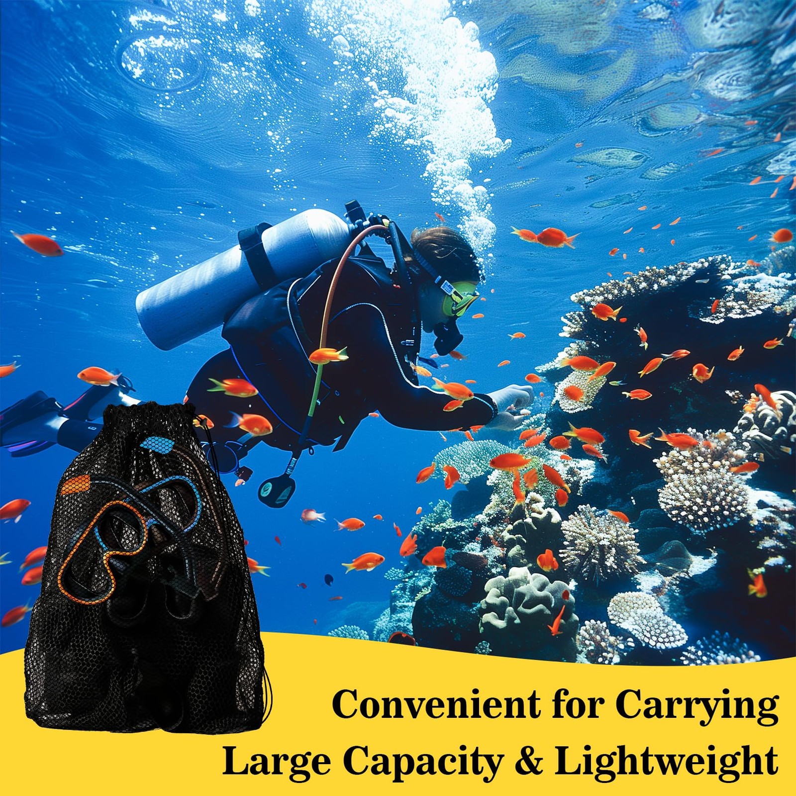 3PCS Mesh Bag Drawstring Dive Bag Snorkel Dive Backpack for Swimming Gear, D…