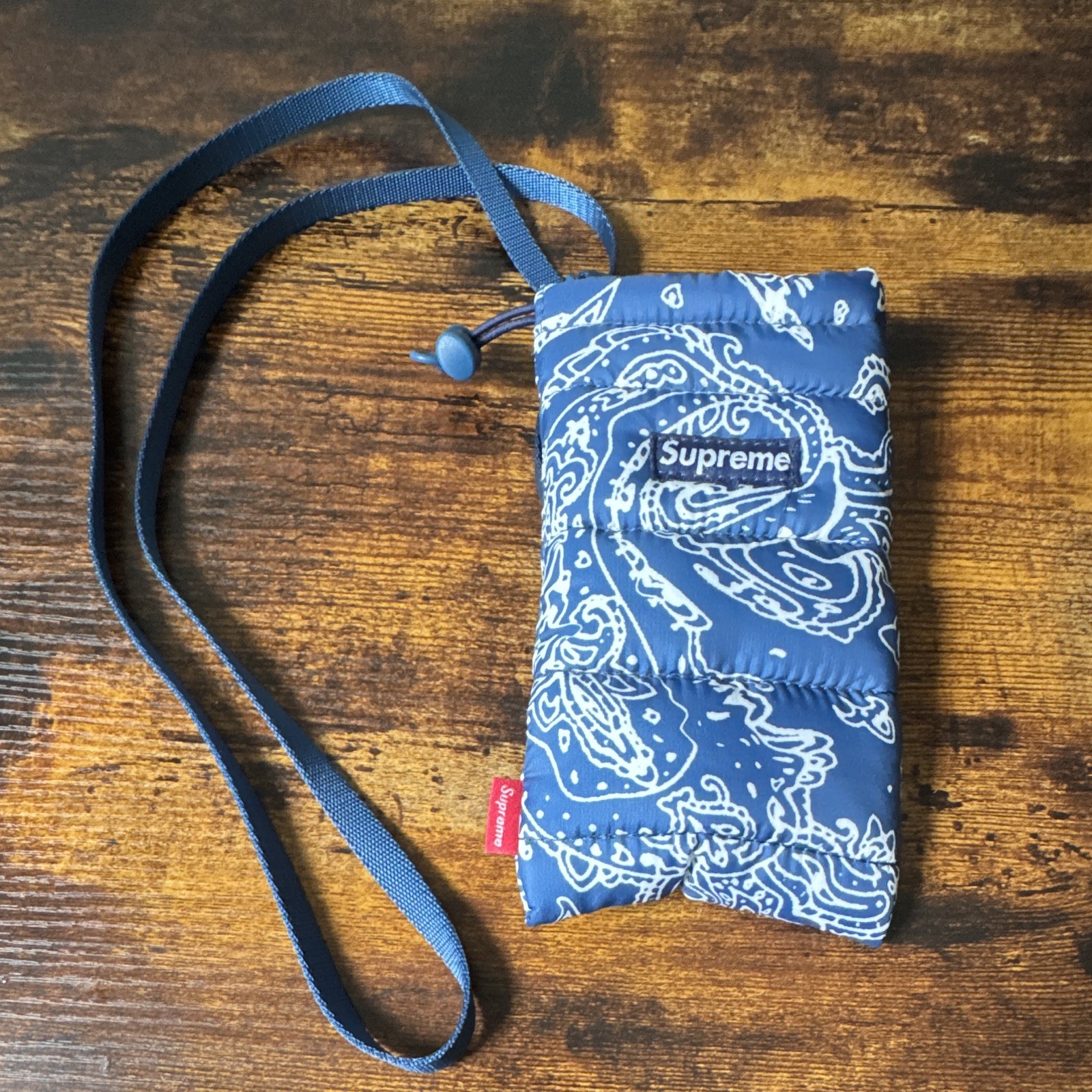 Supreme Blue/White Paisley Small Drawstring Crossbody Pouch, Adjustable Strap