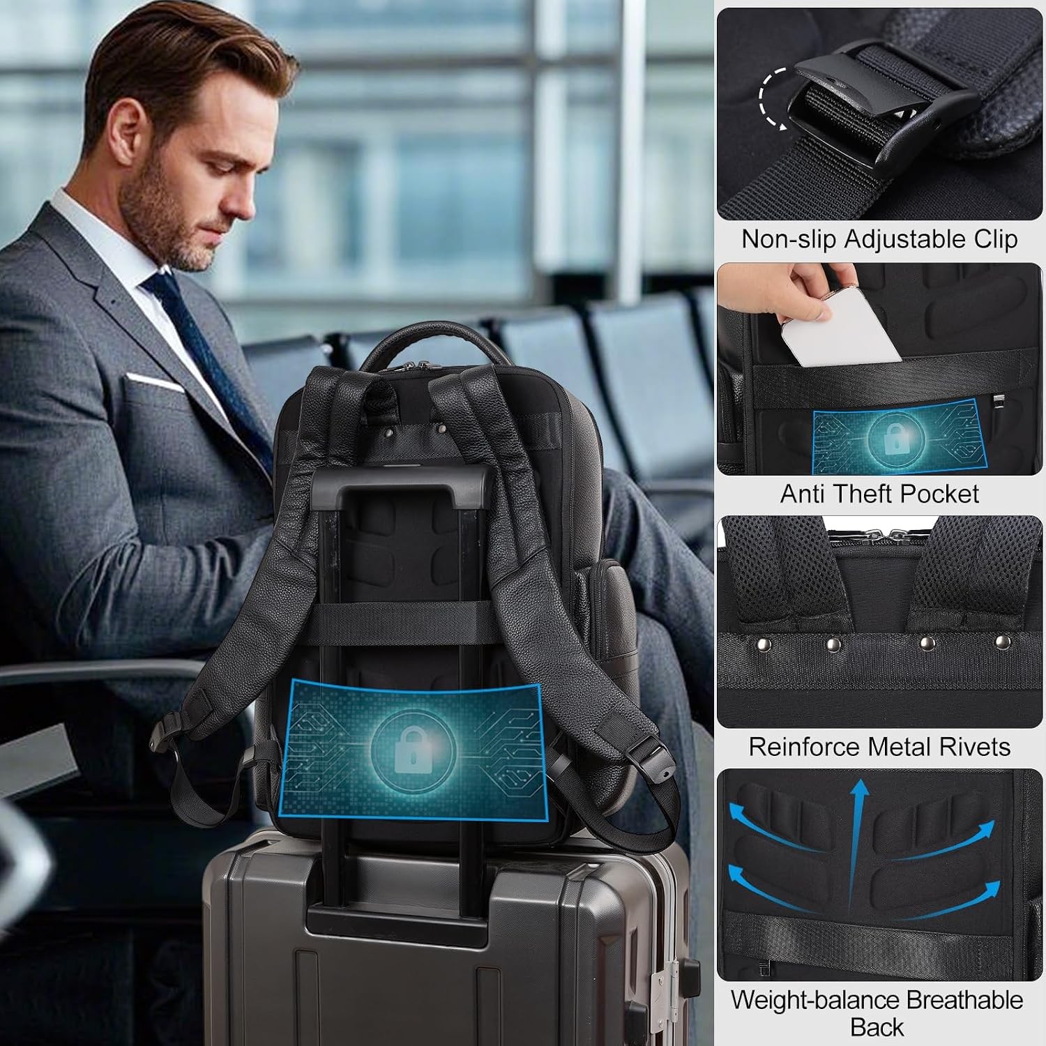 Black Leather Laptop Backpack Men Fits 15.6″ 16″ Business