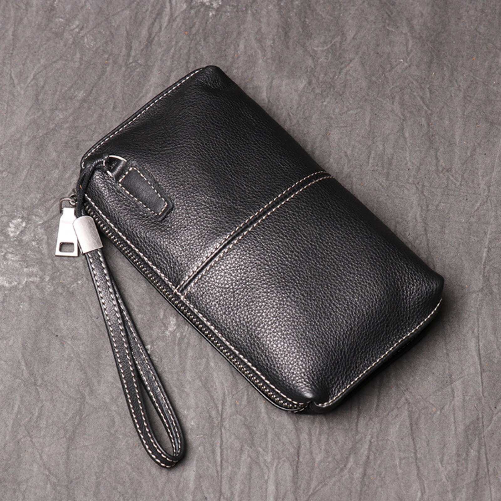 Mens Leather Wristlet Wallet Clutch Bag Zippered Organizer Multiple Pockets