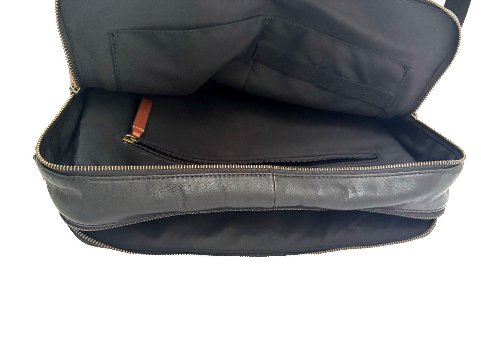 Fossil Defender Briefcase Black Leather Top Handles Crossbody Strap Double Zip