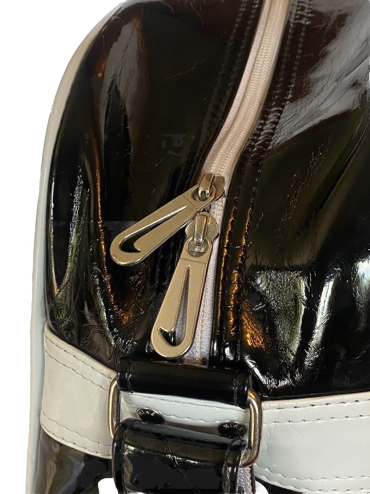 Vtg 90s Y2k Nike Patent Leather Messenger Gym Bag Side Body Black White Swoosh