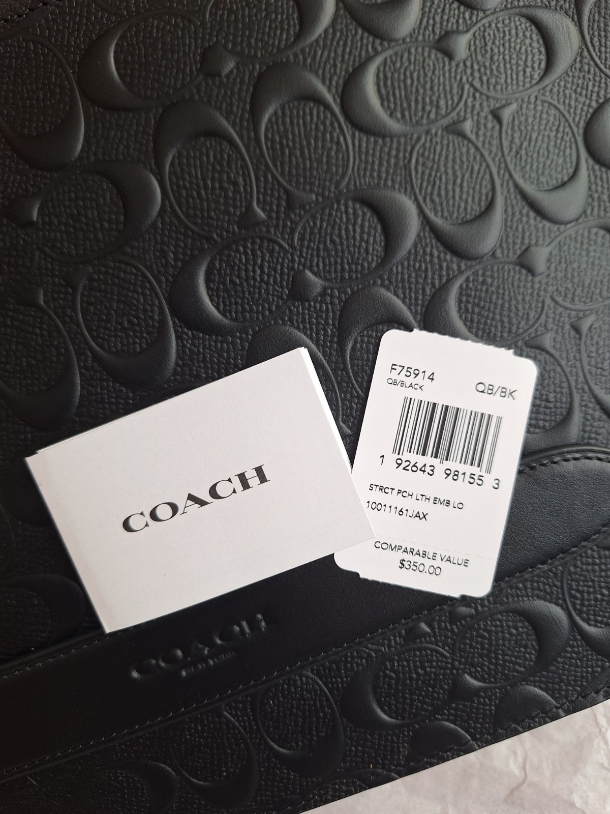 New Coach Black Leather Embossed Signature Logo Clutch Wrist Bag F75914 NWT