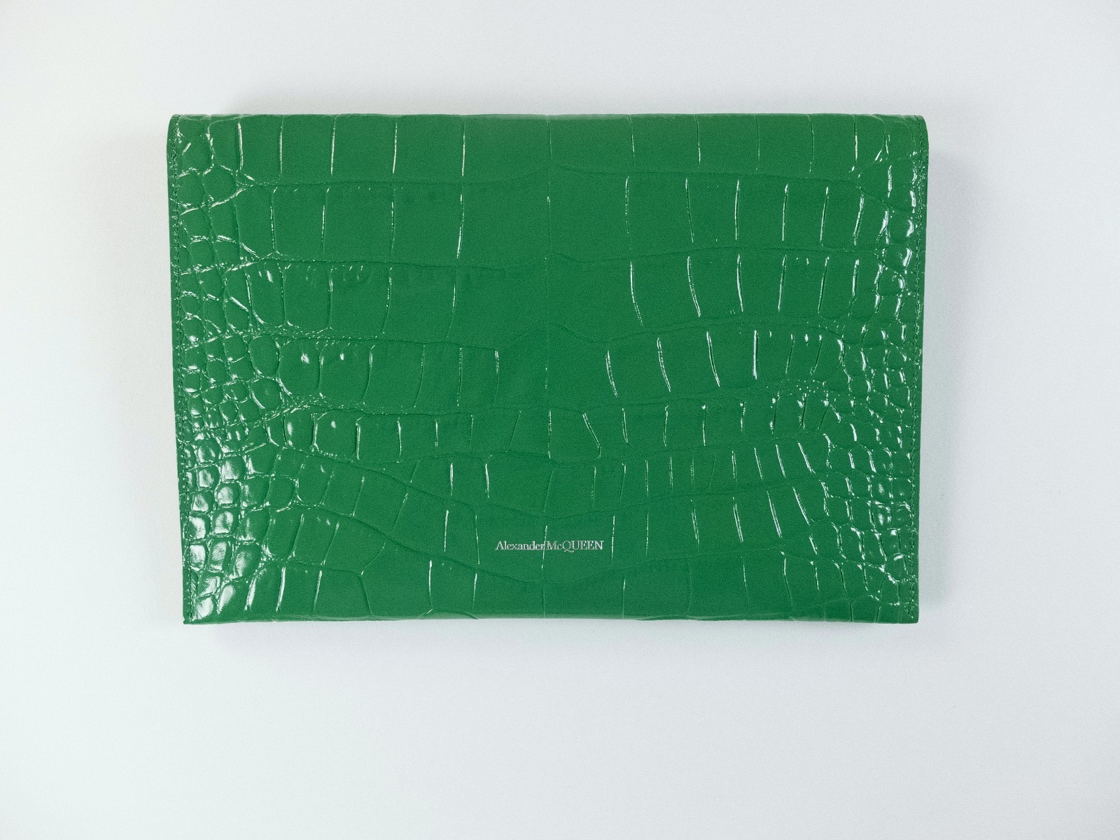 (NO CUSTOMS TAX) ALEXANDER MCQUEEN green croc effect leather envelope clutch bag