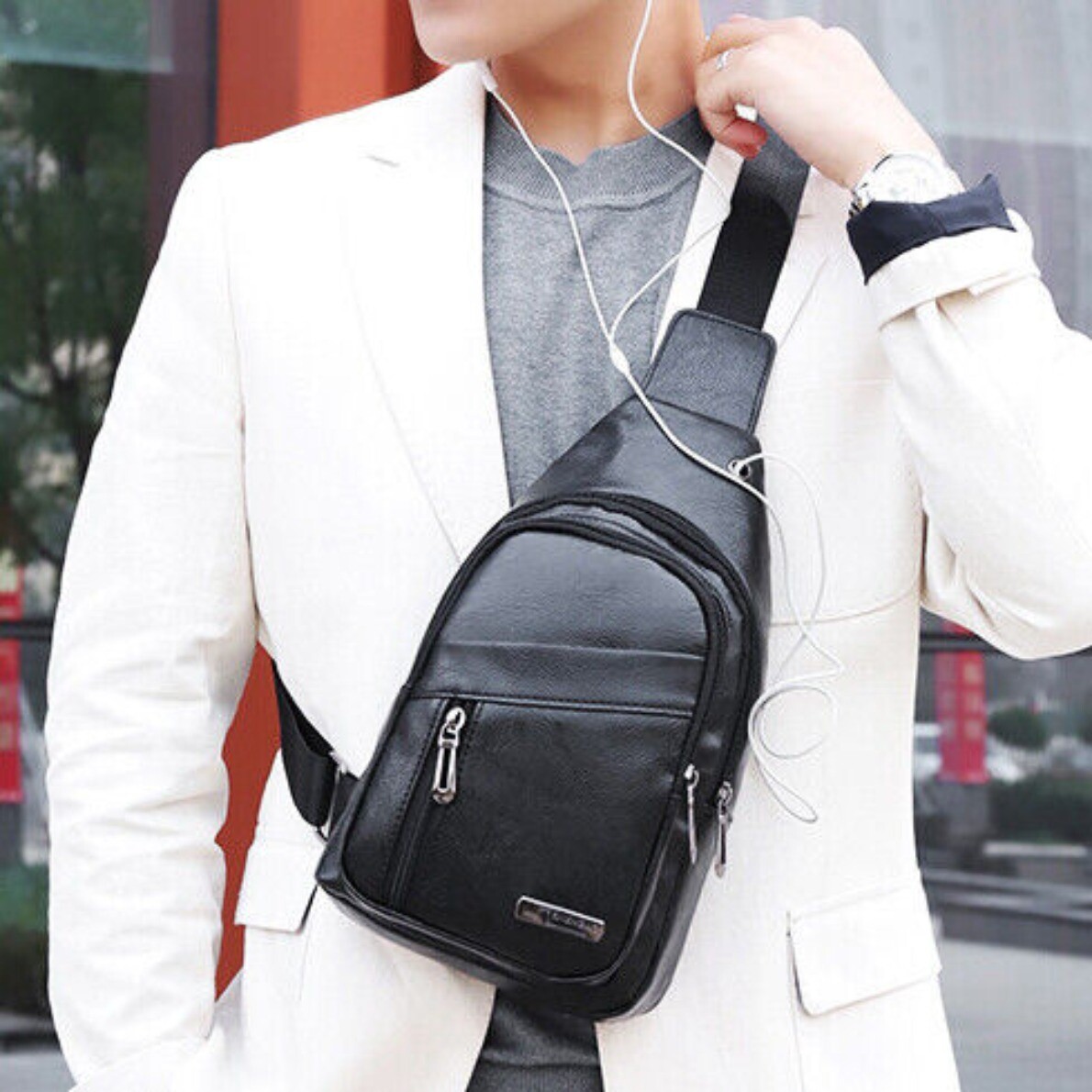 Mens Backpack Leather Sling Bag Chest Shoulder Fanny Pack Cross Body Phone Pouch