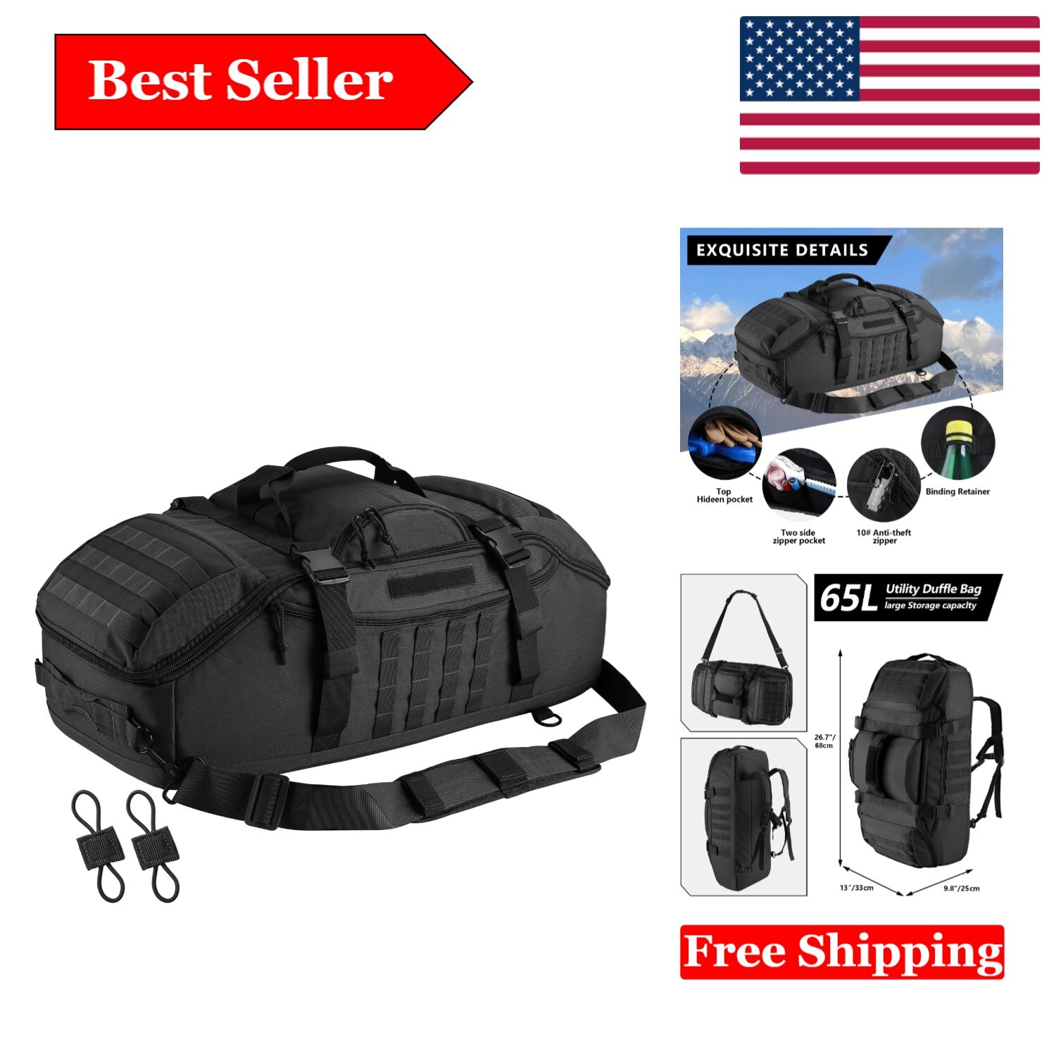 65L Tactical Duffle Bag 3-in-1 Military Backpack MOLLE Gym Travel Outdoor Black